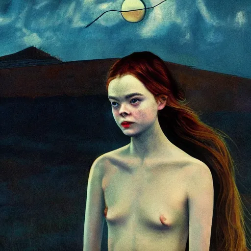 Image similar to Elle Fanning in the painted world of Akira, head and shoulders masterpiece, apocalypse, golden hour, cosmic horror, artstation, in the style of Andrew Wyeth and Edward Hopper and Bosch, extremely detailed