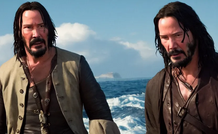 Prompt: Keanu reeves in a role of Sea of thieves Pirate, film still