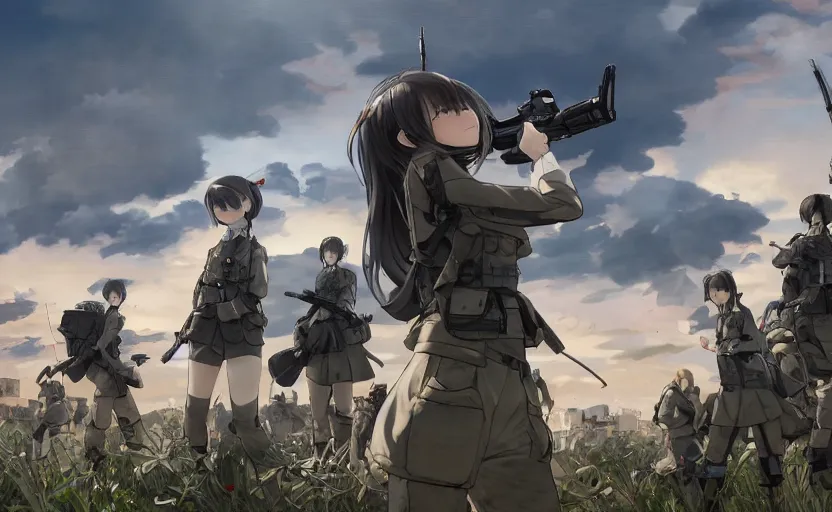 Image similar to panoramic view, girl, soldier clothing, battlefield in background, anime style, short hair, hair down, realistic anatomy, symmetrical facial features, from arknights, hyper realistic, 4 k, rule of thirds, extreme detail, detailed drawing, safebooru, realistic lighting, by alphonse mucha, greg rutkowski, sharp focus, backlit