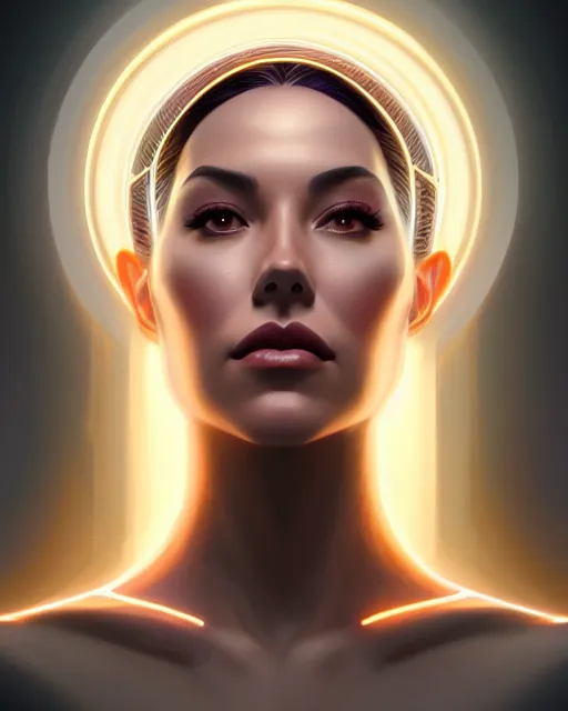 Prompt: symmetry portrait of jodi arias cyborg, glam, deco, glowing halo intricate, elegant, highly detailed, digital painting, artstation, concept art, smooth, sharp focus, illustration, art by artgerm and greg rutkowski and fra angelico and unreal engine 5