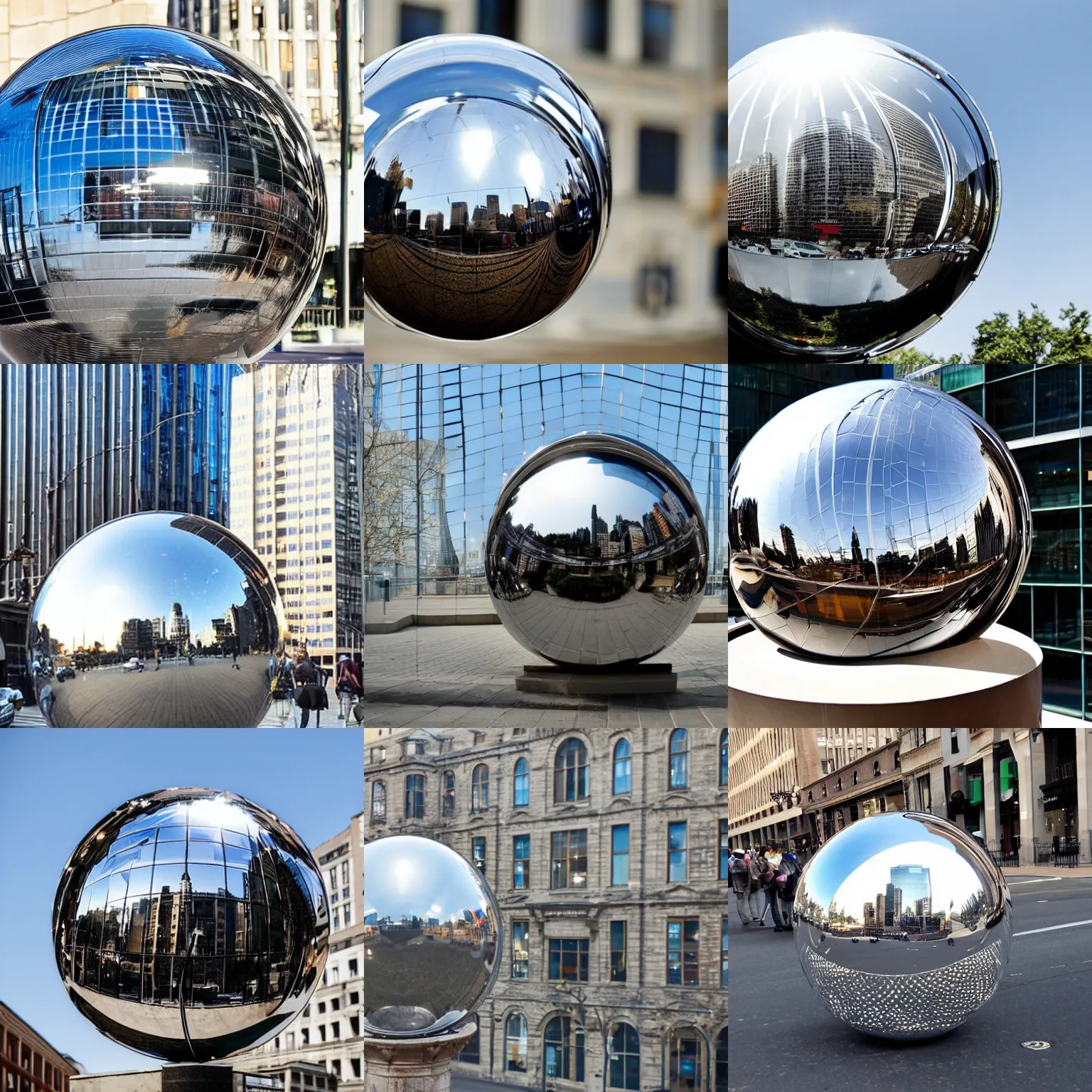 Prompt: a shiny reflective metal sphere on display in a city