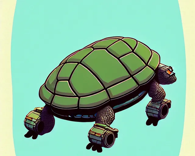 Image similar to a study of cell shaded cartoon of an adorable mechanized turtle with a tank treads, and a human head, illustration, wide shot, subtle colors, post grunge, concept art by josan gonzales and wlop, by james jean, Victo ngai, David Rubín, Mike Mignola, Laurie Greasley, highly detailed, sharp focus, alien, Trending on Artstation, HQ, deviantart, art by artgem