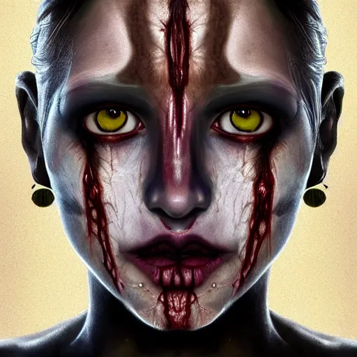 Prompt: high-quality beautifully done centered portrait of an undead female zombie without a nose, rough dark dirty skin showing the thin veins underneath, glowing slanted upturned yellow eyes::trending on artstation, featured on behance::art by James Christensen and Artgerm and Sophie Anderson and Tom Richmond::natural lighting, identical eyes, beautiful eyes medium shot, slender symmetrical face and body, hyperdetailed, single face, insanely detailed and intricate