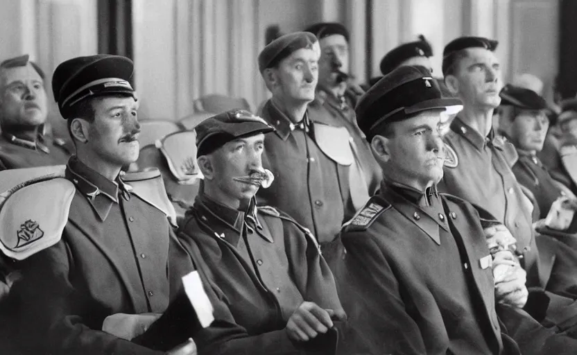 Prompt: 50s movie still of very diverse one general, one officers, one marshal, with very detailed faces in a stalinist parlement, by Alexei Guerman, Cinestill 800t 35mm black and white, heavy grainy picture, very detailed, high quality, 4k, HD criterion, precise texture, diverse faces, diverse haircuts, diverse ages, each faces precisely define