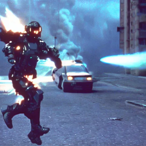 Image similar to film still from the 'Future Force' (1995). Exciting futuristic action scene with explosions and a motorcycle jumping a bridge. Sigma 85mm f/2.4