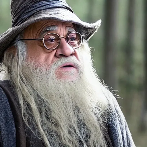 Image similar to movie still of danny devito starring as gandalf in the 2 0 2 6 lord of the rings movie, with hat, full body