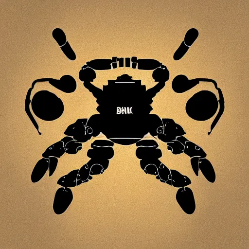 Image similar to a robotic crab wielding guns and wearing a mask over his face, digital art