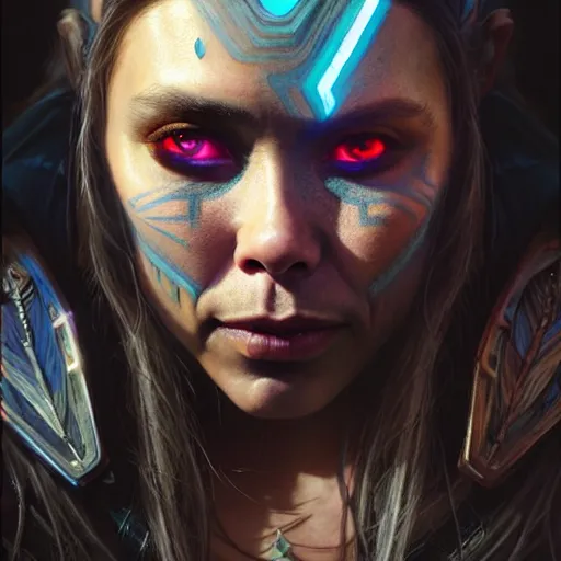 Image similar to portrait painting of a cyberpunk orc shaman extremely muscular ugly elizabeth olsen, ultra realistic, concept art, intricate details, eerie, highly detailed, photorealistic, octane render, 8 k, unreal engine. art by artgerm and greg rutkowski and charlie bowater and magali villeneuve and alphonse mucha