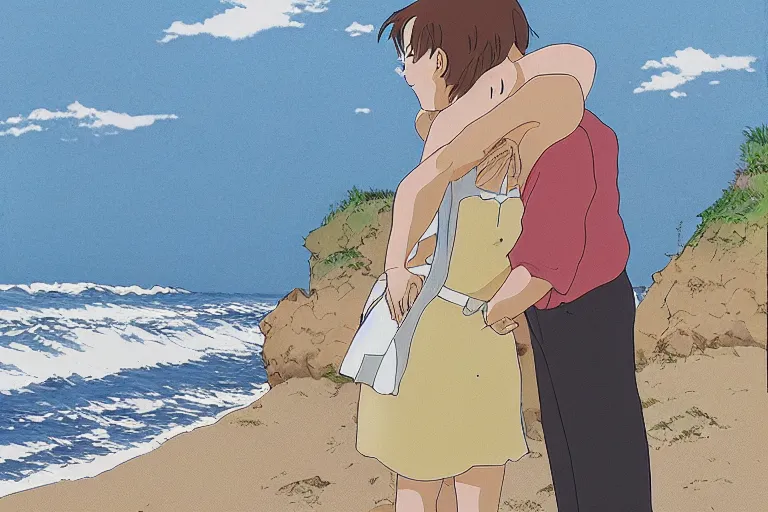 Prompt: a man hugging his beautiful wife by the beach, studio ghibli