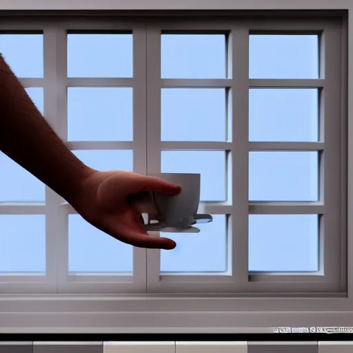 Image similar to 3 d rendered image of a hand opening window, fresh air blender 3 d keyshot unreal engine