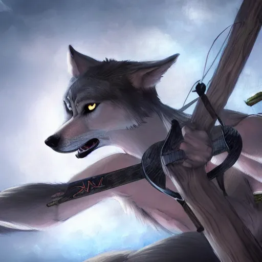 Prompt: muscular wolf archer aiming for a tree, fursona, anthro, male, detailed fur, detailed clothing, painting, makoto shinkai