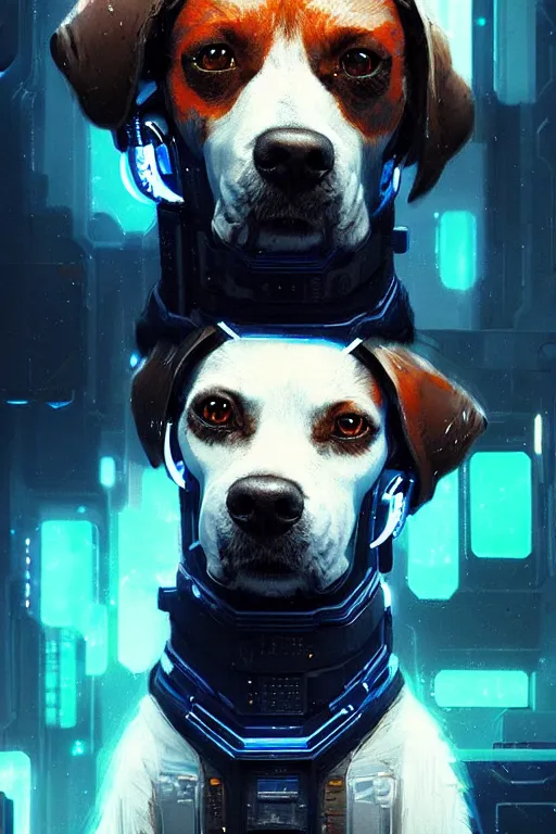 Prompt: a beautiful portrait of a cute cyberpunk dog with blue tinted starfield in the background by greg rutkowski and wlop, digital art, highly detailed, fine detail, intricate, ornate, complex