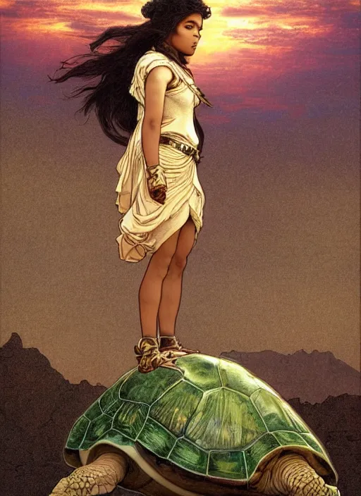 Image similar to a little warrior girl standing on top of one giant turtle in the desert. the girl has dark skin and beautiful green eyes, realistic full body and a very beautiful detailed symmetrical face with long black hair. diffuse light, dramatic sky and landscape, extreme long shot fantasy illustration by mucha