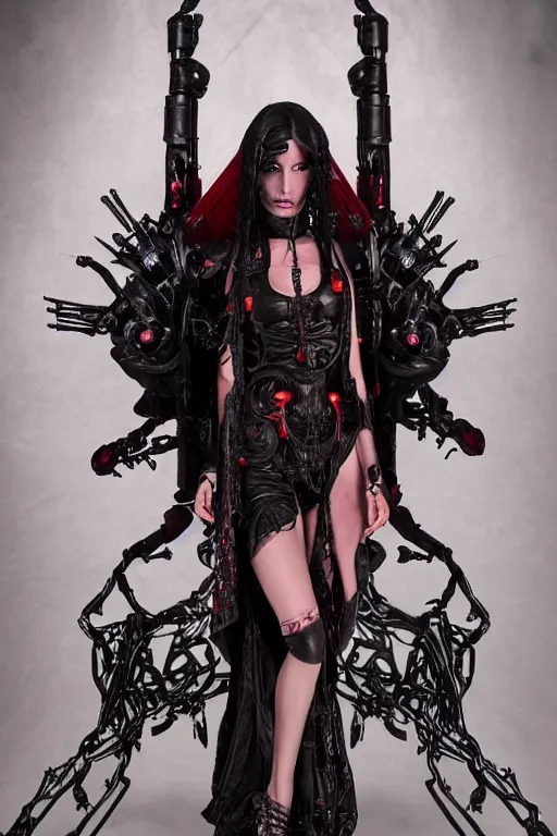 Image similar to full-body cyberpunk style sculpture of a young beautiful dark priestess, half android with a head opening exposing circuitry, glowing red eyes, black roses, flowing blood red colored silk fabric. baroque elements, candles, human skull, crows flying in background. full-length view. baroque element. intricate artwork by Caravaggio. Trending on artstation, cinematic lighting from the right, hyper-realism, octane render, 8k, depth of field, 3D, conceptual art