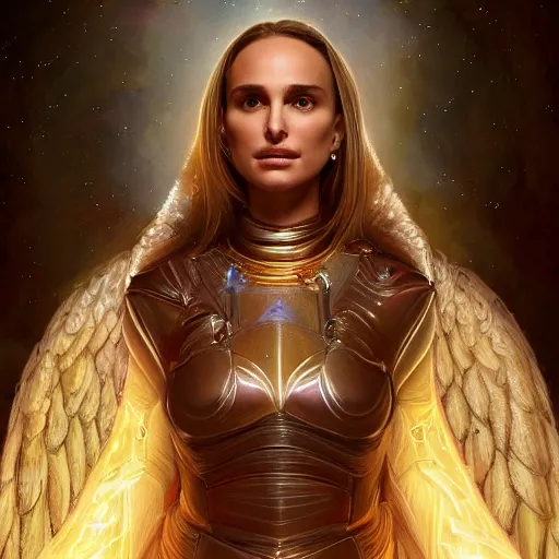 Image similar to cosmic portrait of natalie portman as a holy knight angel, au naturel, hyper detailed, digital art, trending in artstation, cinematic lighting, studio quality, smooth render, unreal engine 5 rendered, octane rendered, art style by klimt and nixeu and ian sprigger and wlop and krenz cushart.