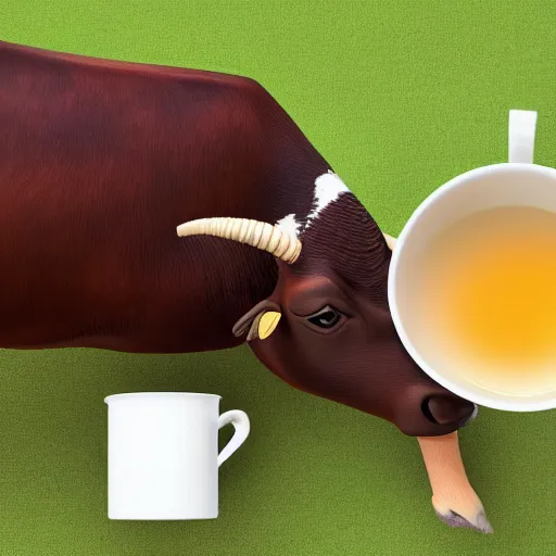 Prompt: a cow sipping a cup of tea