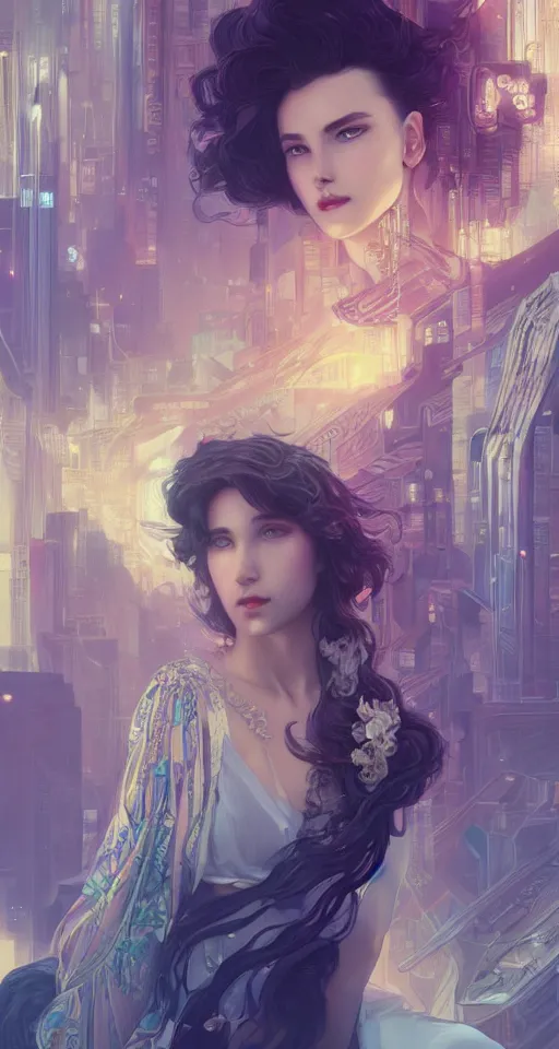 Image similar to beautiful young girl vaporwave aesthetic, synthwave, intricate, elegant, highly detailed, digital painting, in bladerunner city, artstation, concept art, smooth, sharp focus, illustration, art by artgerm and greg rutkowski and alphonse mucha