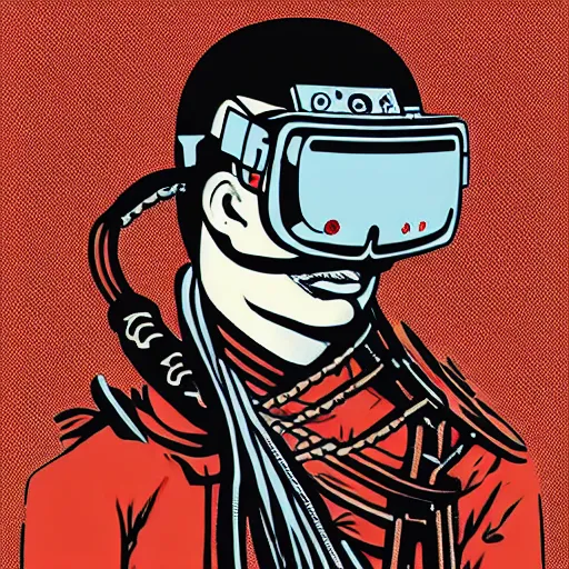 Image similar to !dream Illustrated by Shepard Fairey and H.R. Geiger | Cyberpunk Soviet Samurai with VR helmet, surrounded by cables