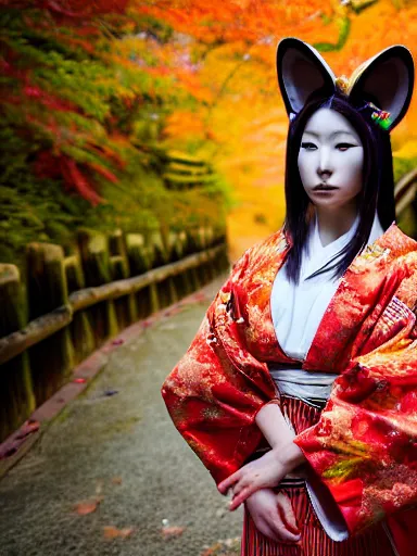 Image similar to full - color photo of a beautiful japanese kitsune goddess doing a ritual dance in a windy inari shinto shrine in kyoto full of autumn leaves. she is a human woman with fox - ears, a fox - tail, hands that are fox - paws, sharp fox - teeth, and a fox - nose. highly - detailed ; professional portrait photography.