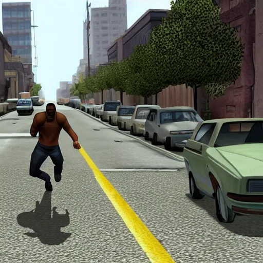 Image similar to Carl Johnson running down a street, Grand Theft Auto San Andreas