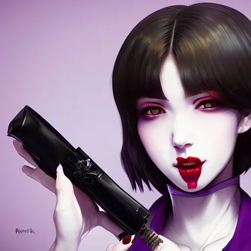 Image similar to pouty lips of vampire woman holding a bullet her teeth. purple gloss by ilya kuvshinov, rossdraws global illumination anime, digital art rococo
