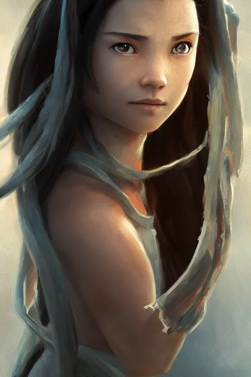 Image similar to katara from avatar, close - up portrait, intricate, elegant, volumetric lighting, scenery, digital painting, highly detailed, artstation, sharp focus, illustration, concept art, ruan jia, steve mccurry