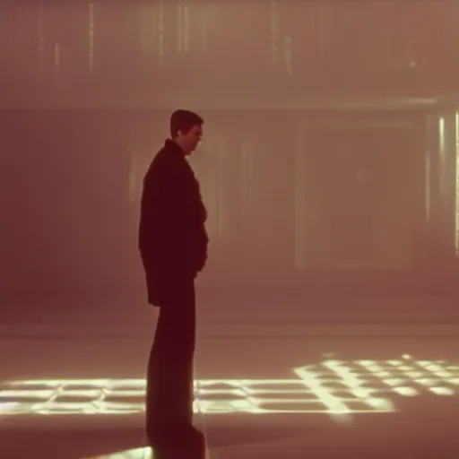 Image similar to cinematic portrait of a runaway replicant in an empty room, still from the movie bladerunner