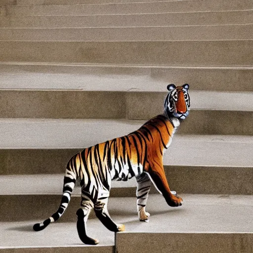 Image similar to a figure ties their shoelaces in a vast empty landscape on stairs next to a tiger catching a deer