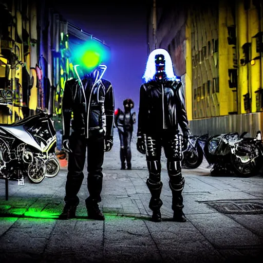 Image similar to street photo of sci-fi cyberpunk bikers, on the Moon, long shadows, in a Russian cyberpunk city called Neo Norilsk, pitch black sky with stunning bright stars, bright sun, high contrast, diverse outfits, lively, freaky, black sky full of stars, LEDs, holograms, blinding bright sun, sci-fi, cyberpunk outfits, photorealistic, grainy, 35mm, intricate, very very beautiful, elegant, smooth, cinematic, Unreal Engine 5, by Beeple