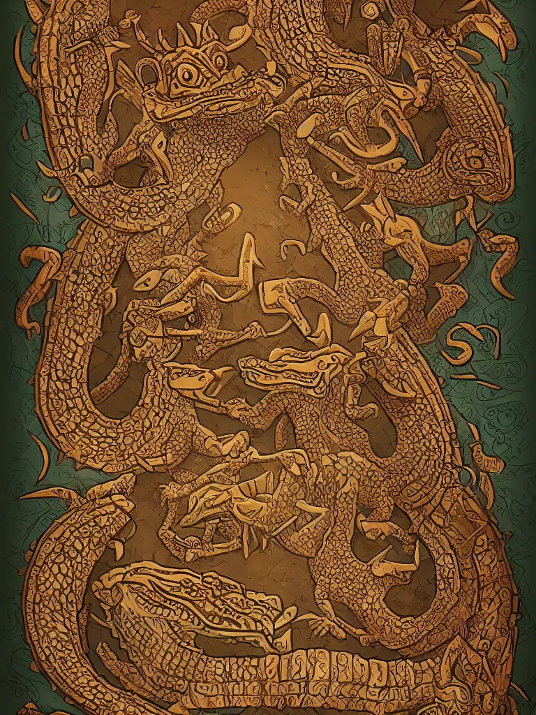 Prompt: pre - columbian mesoamerican book decorative border frame, crocodile illuminations, d & d, fantasy, intricate, elegant, highly detailed, digital painting, artstation, illustration, hearthstone