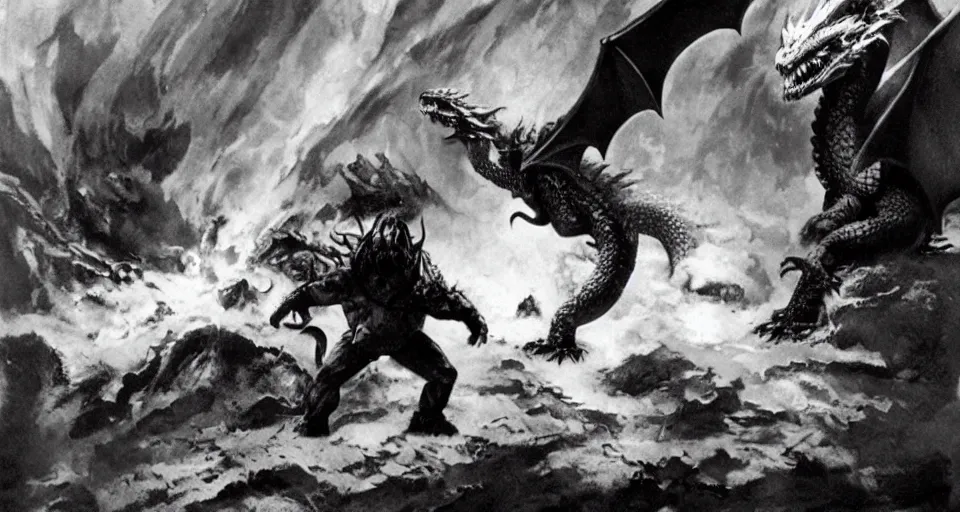 Prompt: baby man taking cover from a dragon breathing ice, action shot by Frazetta