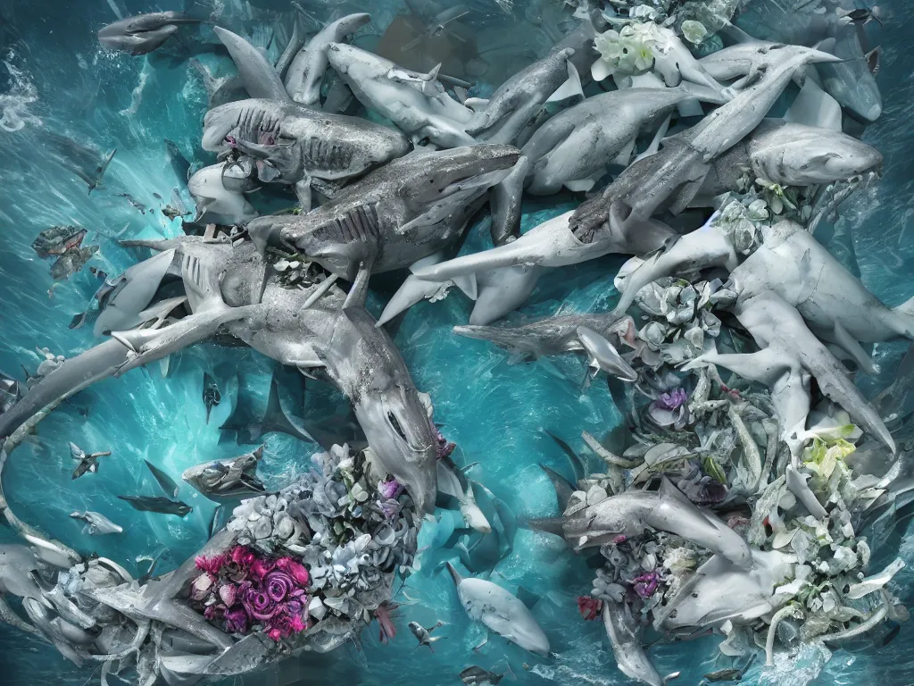 Image similar to a sculpture of ocean shark intertwined, a lovely cornucopia of flowers and human body parts, body parts, highly detailed, octane render, cinematic