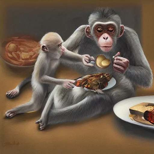 Image similar to digital art painting of a dissected monkey being eaten for dinner by an elderly man