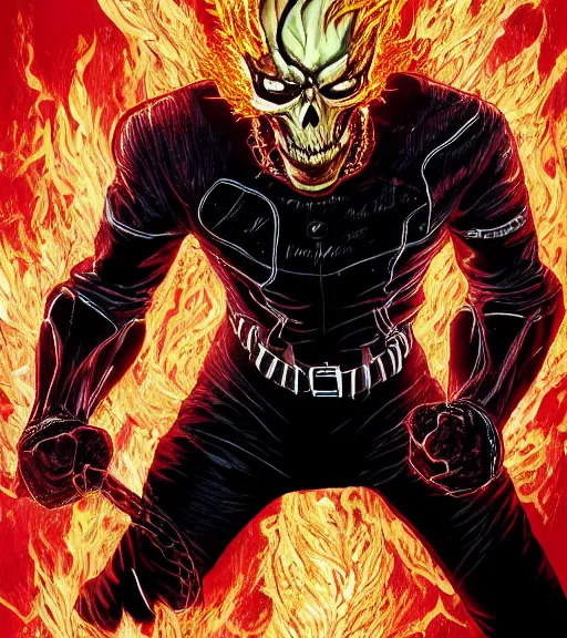 Prompt: detailed portrait ghost rider from marvel by yusuke murata and masakazu katsura and eisuke ogura, artstation, head in flames, highly - detailed, cgsociety, 8 k, hd, pixiv, pencil and ink, dark colors, intricate details