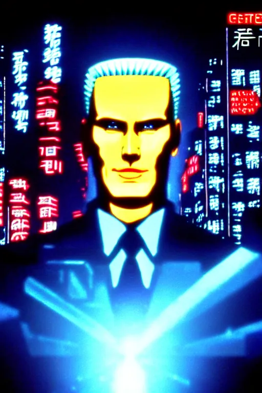 Image similar to max headrom in a long shot from the film ghost in the shell, style of yoshii chie, cinematic, highly detailed