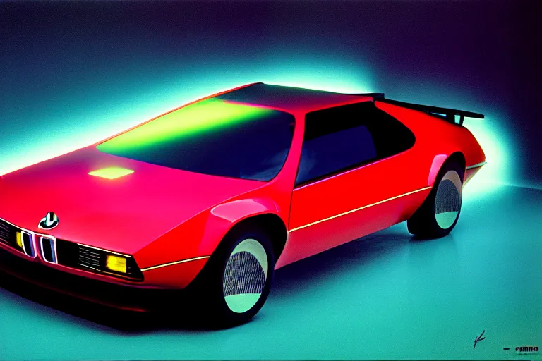 Image similar to stylized poster of a single 1 9 8 1 bmw m 1 concept, thick neon lights, ektachrome photograph, volumetric lighting, f 8 aperture, cinematic eastman 5 3 8 4 film