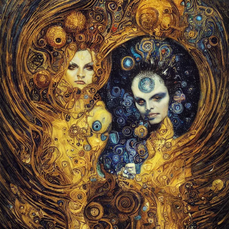 Image similar to Divine Chaos Engine by Karol Bak, Jean Deville, Gustav Klimt, and Vincent Van Gogh, beautiful visionary mystical portrait, sacred, otherworldly, fractal structures, Surreality, ornate gilded medieval icon, third eye, spirals, horizontal symmetry