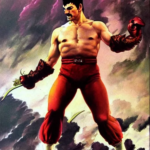 Image similar to freddy mercury as ryu from street fighter, painting by frank frazetta, 4 k, ultra realistic, highly detailed,