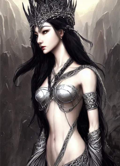 Prompt: Beautiful elven queen with black hair and silver crown in intricate black dress. Haughty look. In style of Hyung-tae Kim, Greg Rutkowski and Larry Elmore, concept art, trending on ArtStation, Korean MMORPG, over-detailed art, 8K, epic, dynamic lightning, scenery.