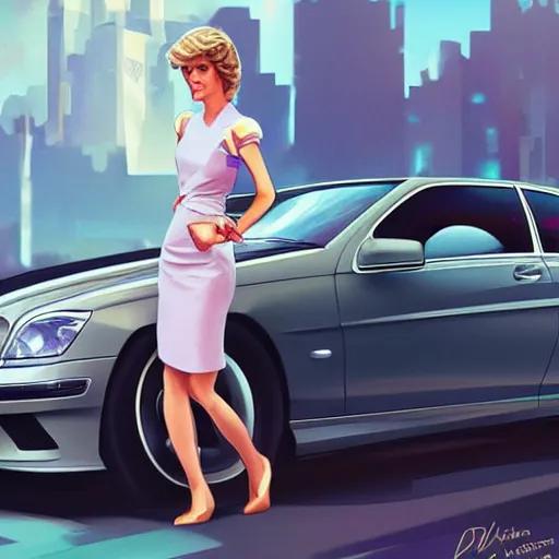 Image similar to Princess Diana standing next to a Mercedes-Benz W140, highly detailed, digital painting, artstation, concept art, smooth, sharp focus, illustration, art by artgerm and alphonse mucha, high definition digital art, in the style of Ross tran and ilya kuvshinov