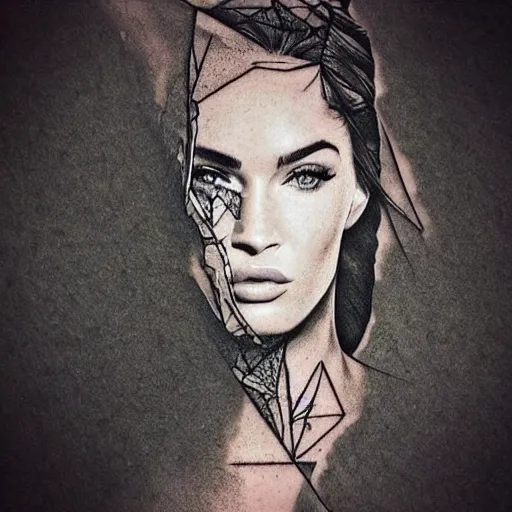 Image similar to megan fox as beautiful mountains, double exposure effect, medium sized tattoo sketch, amazing detail, trending on pinterest, in the style of dan mountford