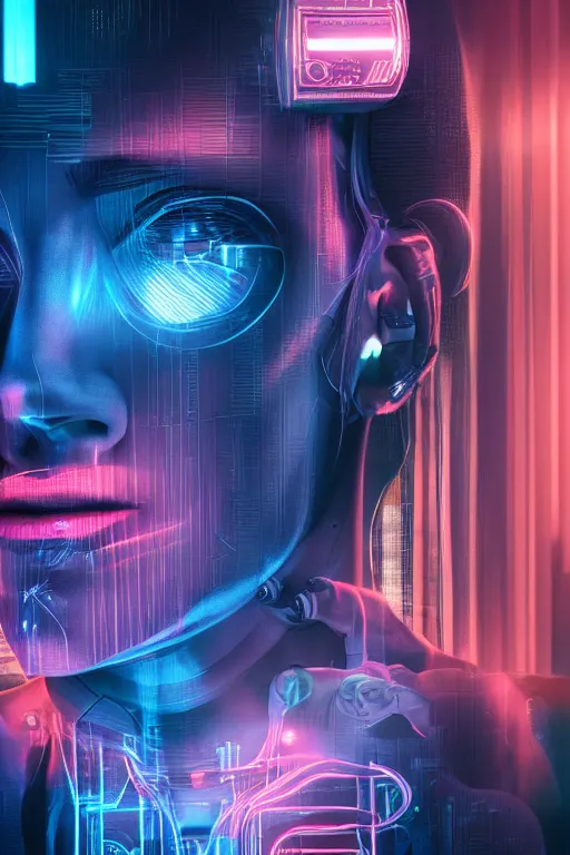 Prompt: hyperrealism portrait, digital art, wallpaper of a cyborg, part human part machine, in a cyberpunk city, diffused lighting, neon ambient lighting, by laura zalenga, 8 k dop dof hdr, vibrant