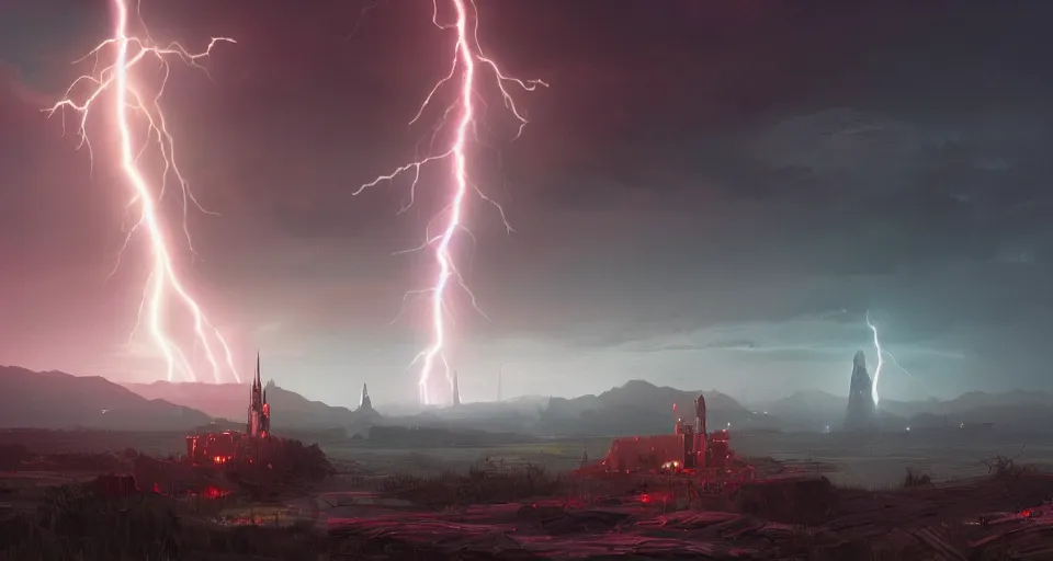 Image similar to Landscape with GIANT lightning bolt striking a futuristic castle, center composition, cinematic, rendered by simon stålenhag, rendered by Beeple, Makoto Shinkai, syd meade, environment concept, digital art, starwars, unreal engine, 3 point perspective, WLOP, trending on artstation, low level, 4K UHD image, octane render,