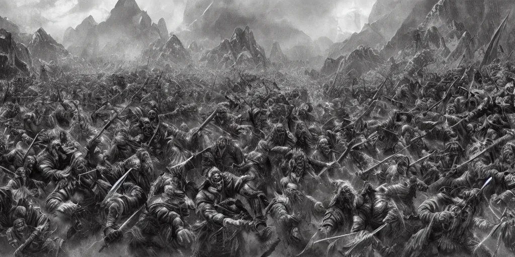 Prompt: A large group of Orcs from the Misty Mountains attacking the army of Aragorn, detailed matte painting, cinematic, Alan Lee, Artstation