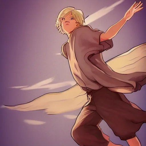 Prompt: blonde boy with golden eyes wearing a brown cape and flying in t pose, energy background, in the style of studio ghibli, artgerm