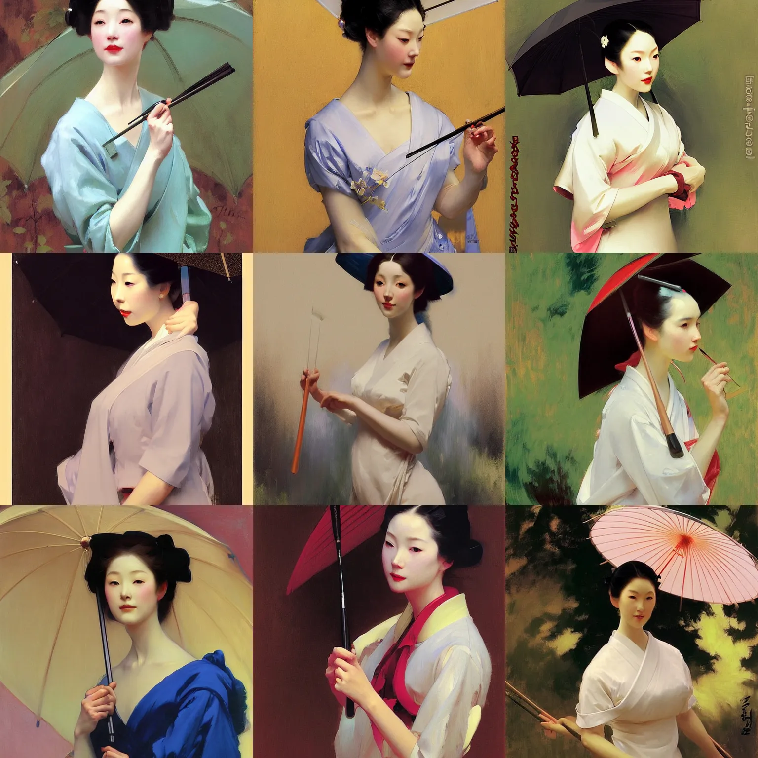 Prompt: yanjun cheng portrait of a beautiful geisha android holding umbrella by norman rockwell, bouguereau