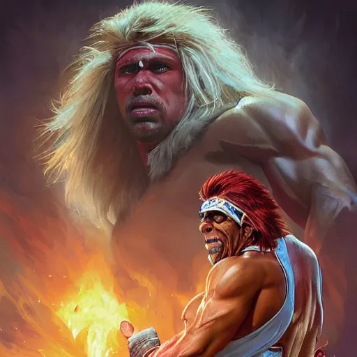 Image similar to The ultimate warrior, WWF, American Wresting, Royal Rumble, cinematic lighting, highly detailed, digital painting, concept art, smooth, sharp focus, illustration, art by Artgerm and Greg Rutkowski