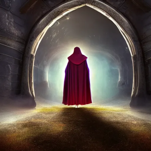 Image similar to a wizard in a cloak standing in front of a portal to wisdom, tall door, high ceiling, magic light, light beam, cinematic atmosphere, high definition, ultra detailed