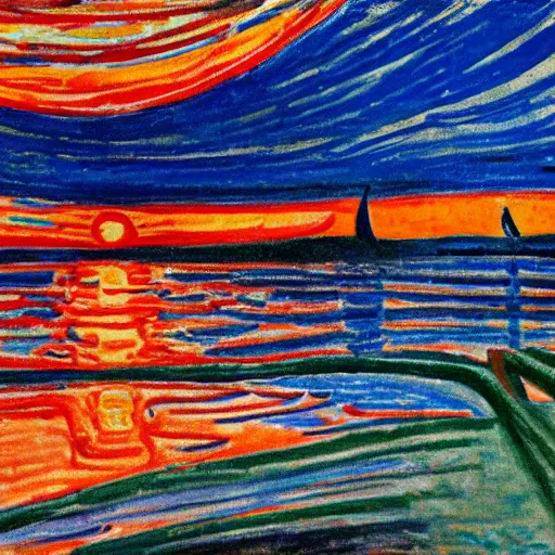 Image similar to sunset with boat style of edvard munch