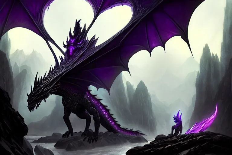 Prompt: concept art, view from afar of a crystal dragon, d & d creature, skyrim art, by greg rutkowski and alphonse mucha, gradient black to purple, monoliths in a dark forest background, highly detailed, digital painting, artstation, concept art, smooth, sharp focus illustration, artstation hq